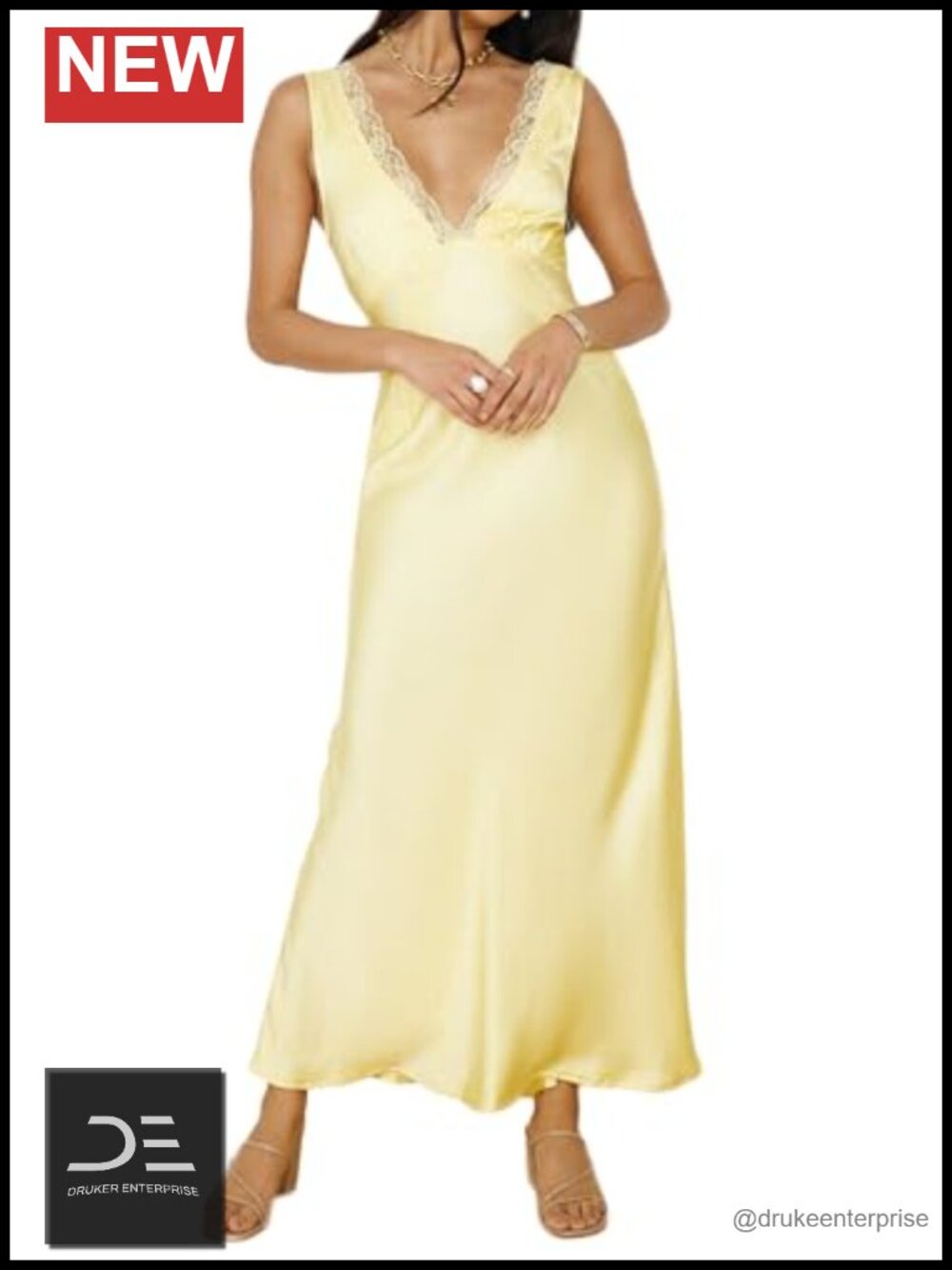 Satin Lace V Neck Backless Maxi Dress Wedding Guest Formal